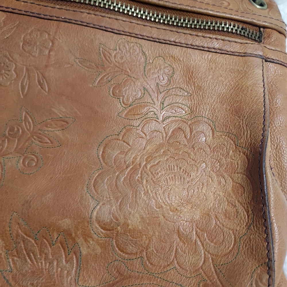 Fossil Sasha Floral Tooled Stitched British Tan Leather Crossbody Bag Boho - Picture 5 of 16